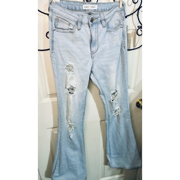 Almost Famous Jeans Size 3 Bell Bottoms Distressed Ripped Light Wash - Picture 1 of 13